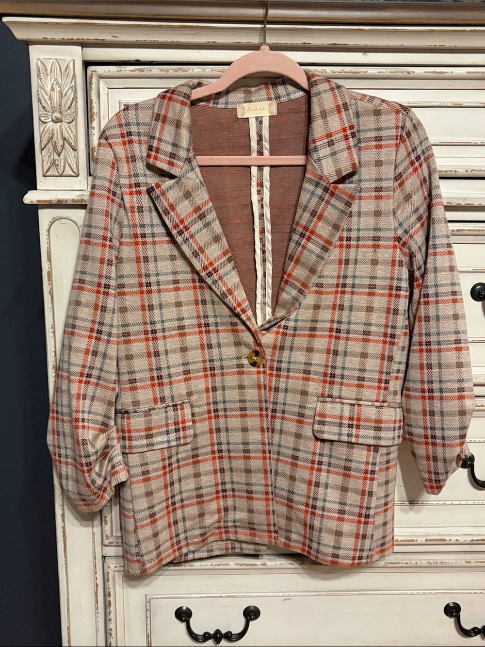 Altar'd State Beige Plaid Blazer with Rust Accents